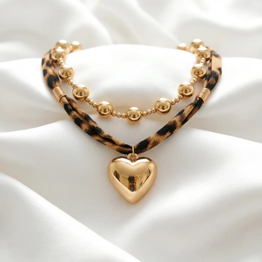Leopard Print Choker Necklace Set with Heart Pendant and Gold Ball Chain for Festivals & Parties