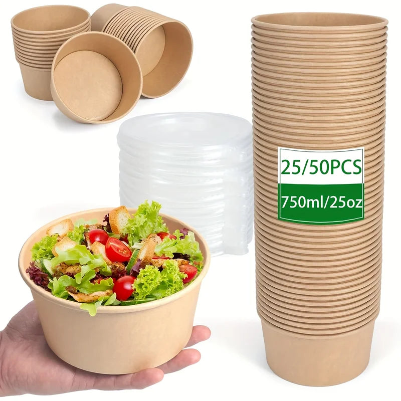 Disposable Paper Bowl Set with Lids - 25Oz Food Containers for Soup Salad Meal Prep