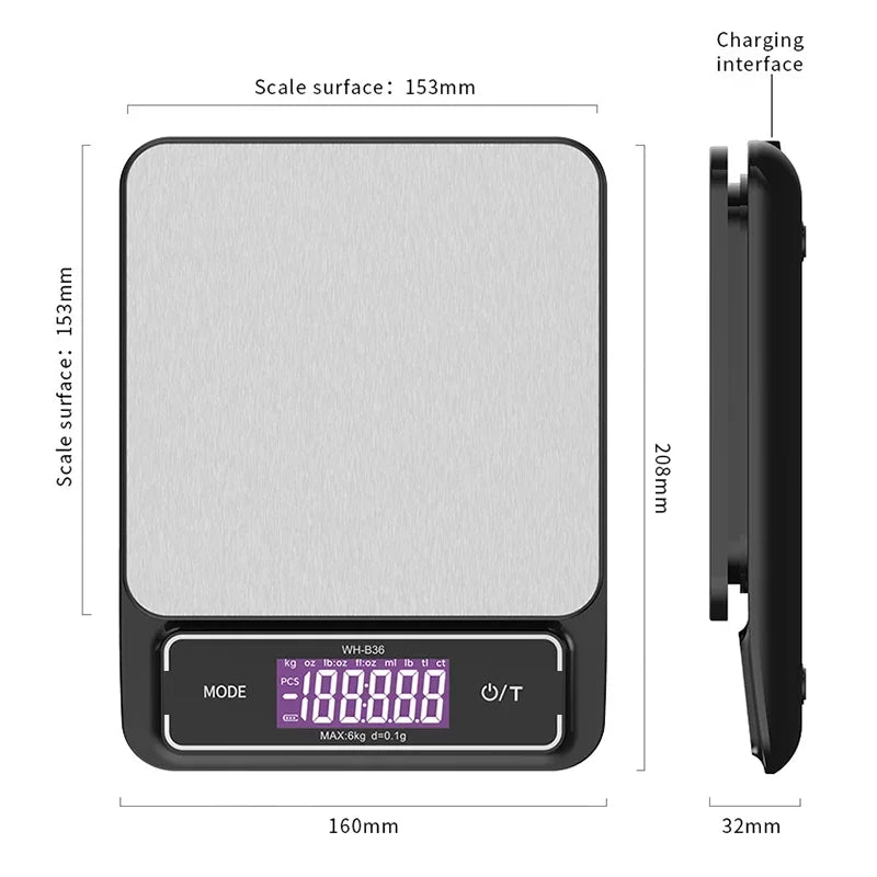 Digital Waterproof Kitchen Scale 10kg/1g, 6kg/0.1g, LCD Display, Stainless Steel