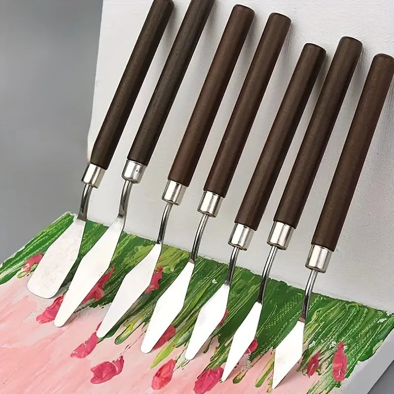 Art Oil Painting Spatula Palette Knife Set - Wooden Flat Head & Pointed Steel Pick