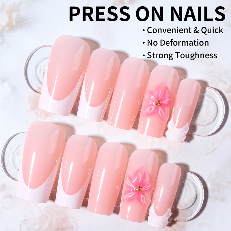 24Pcs Long Square 3D Gel Nail Art Set with Pearl Decor for French Acrylic Press-On Nails