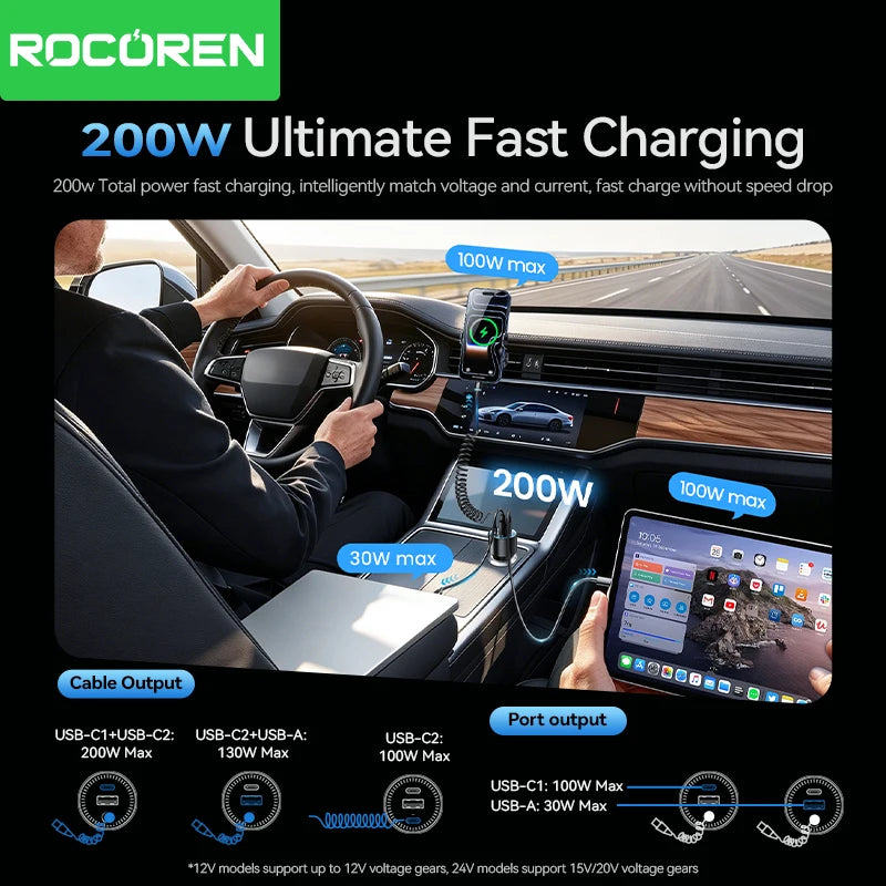 200W Car Charger Fast Charging PD 100W USB-C Power Adapter with Spring Cable