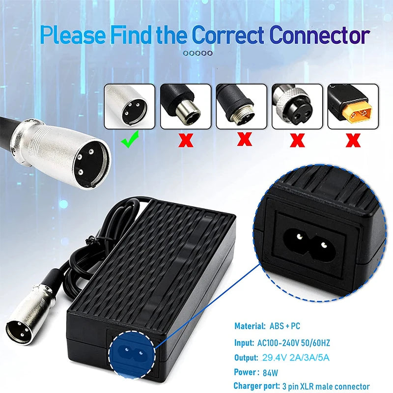 29.4V 3A/4A/5A Power Adapter Charger for 24V Electric Scooter Battery with XLR Plug