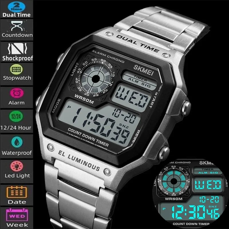 Digital Sports Watch Men Waterproof Dual Time Zone Stainless Steel Band