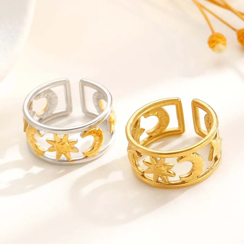 Minimalist Star & Moon Double Layer Open Rings - Waterproof Stainless Steel Jewelry Gift