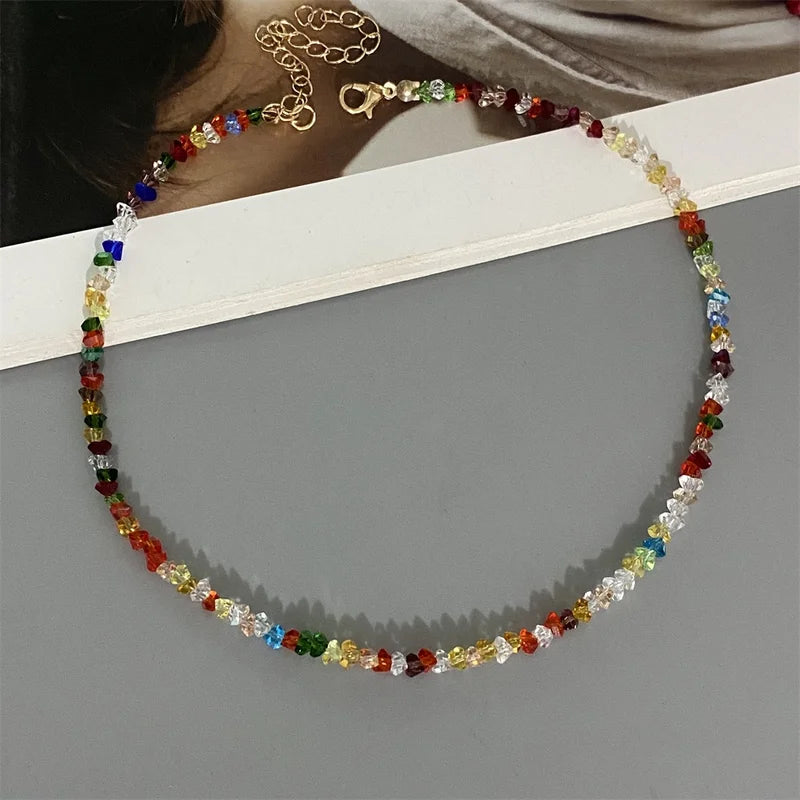 Multi-Cut Glass Crystal Beaded Choker Necklace for Women Triangle Transparent Jewelry