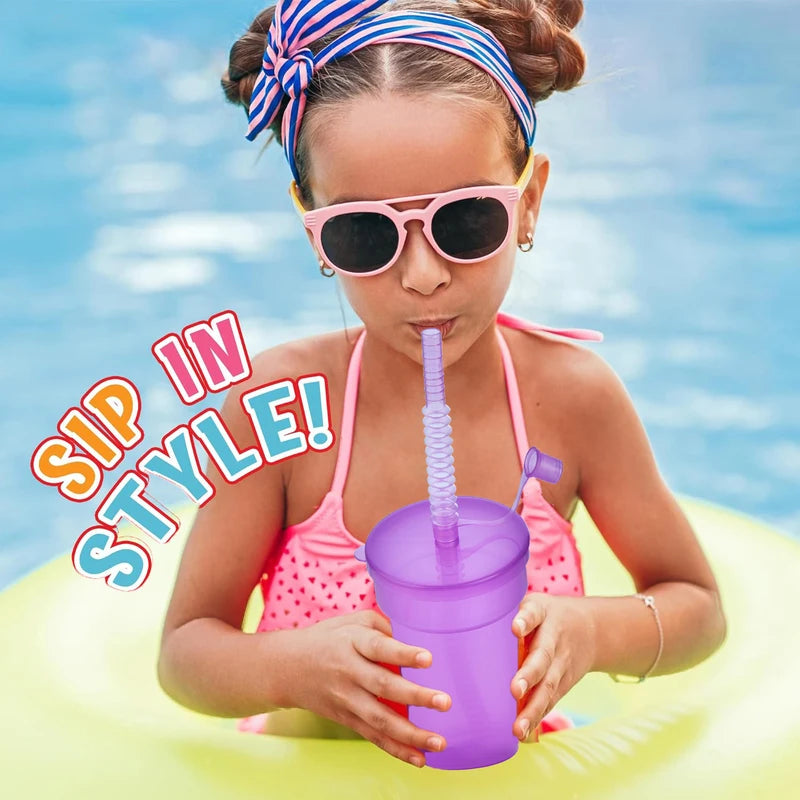 Reusable Spill-Proof Neon Sipper Cups with Lids & Straws for Kids - Multiple Colors