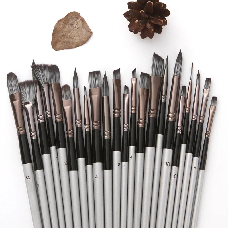 24-Piece Paint Brush Set for Watercolor Acrylic Gouache & Oil Painting - Nylon Hair, Aluminum Tubes