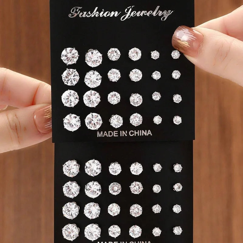 12 Pairs Cubic Zirconia Stud Earrings Set