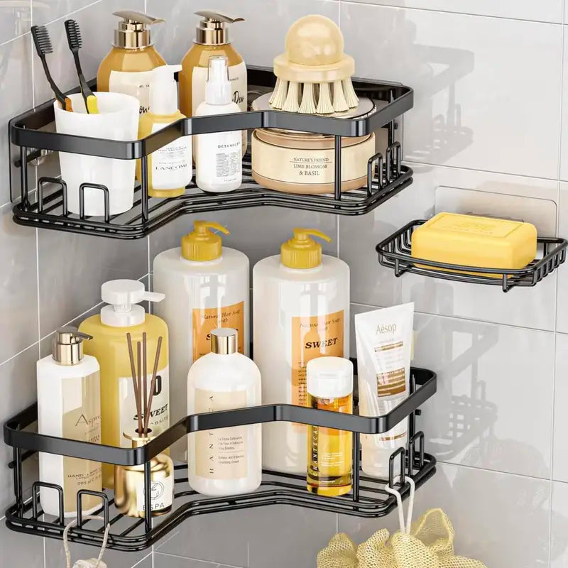 Adhesive Shower Organizer Set - Rustproof Stainless Steel Bathroom & Kitchen Storage Caddy