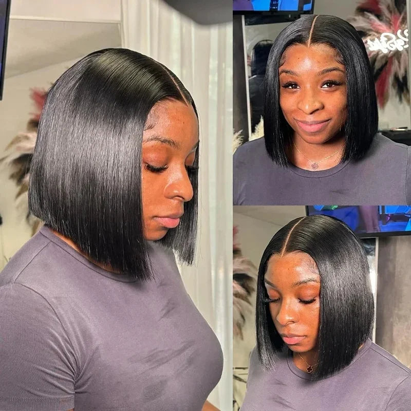 220% Density Human Hair Lace Front Bob Wigs 16 Inch Brazilian Remy Straight Hair