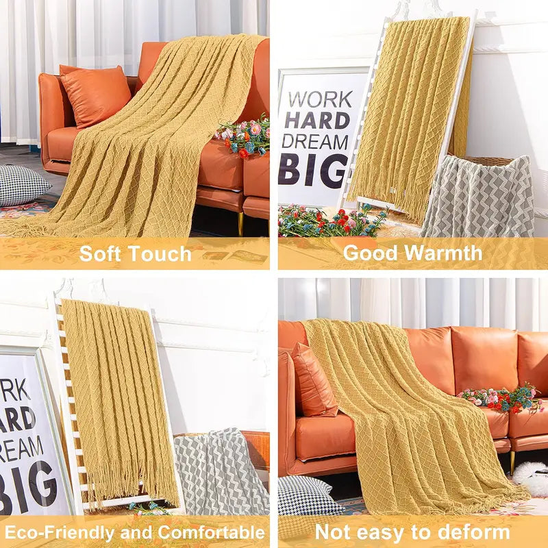 Knitted Throw Blanket Cozy Soft Warm Wool-Feel with Tassels for Couch & Home