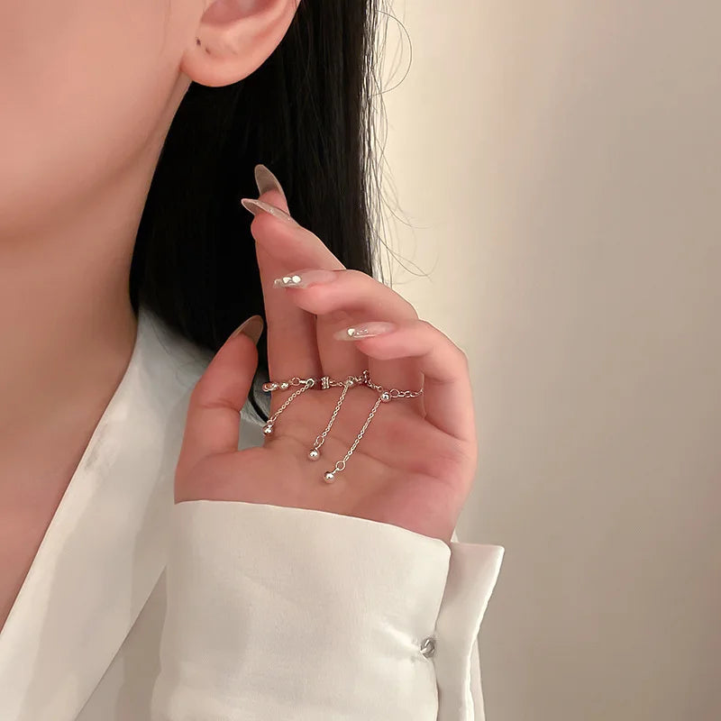 Sterling Silver Flower Ball Long Tassel Chain Ring for Women - Adjustable Trendy Jewelry