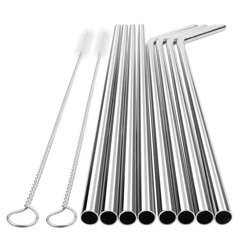 Reusable Metal Drinking Straws Set - 304 Stainless Steel, Bent & Straight with Cleaning Brush