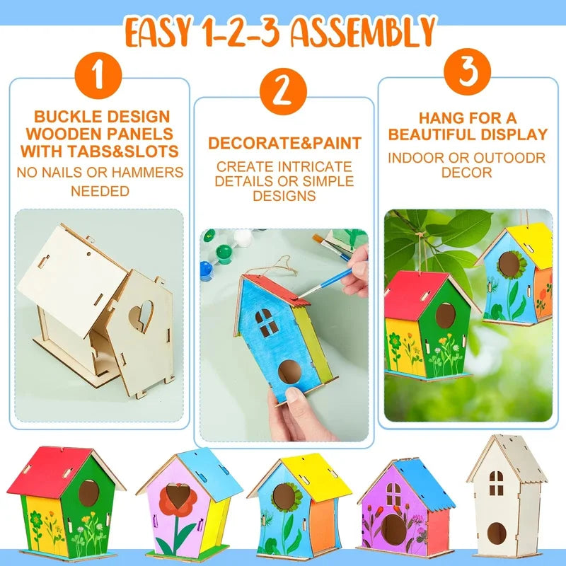 Wooden DIY Bird House Outdoor Hanging Bird Nest Box with Hemp Rope for Painting & Decoration