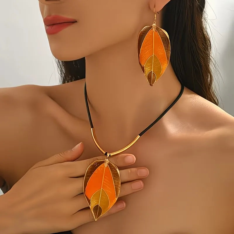 Bohemian Leaf Jewelry Set with Necklace and Earrings for Women - Vintage Layered Gift
