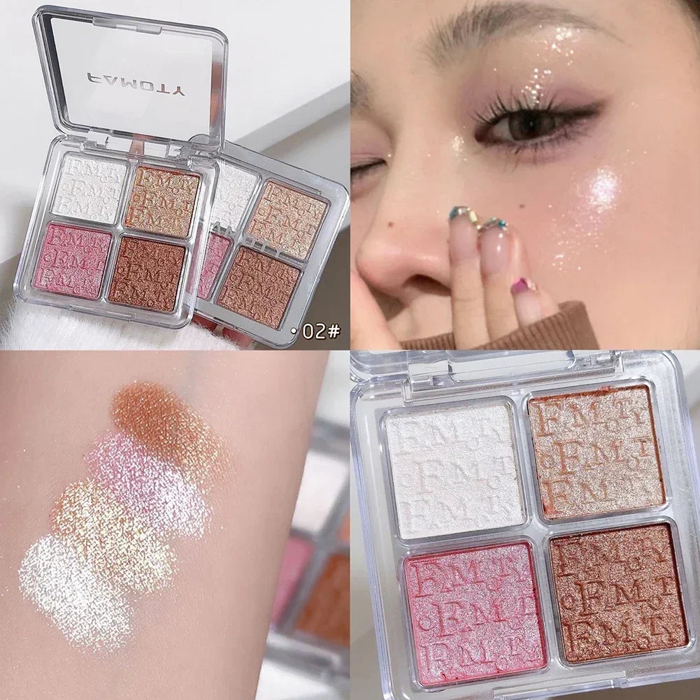 4-Color Face Highlighter Palette Natural Glow Waterproof Glitter Makeup