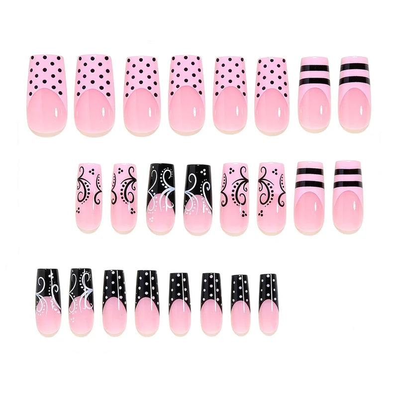 24Pcs Press On Nails Set - Punk Vine Striped Pink Black French Polka Dots