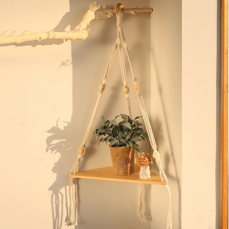 Boho Wall Shelf with Triangle Corner Floating Shelves Natural Wood & Macrame Cord