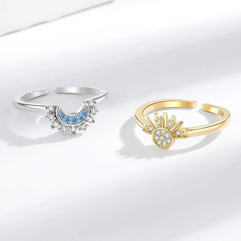 Sparkling Sun and Moon Adjustable Couple Rings CZ Open Promise Jewelry Set