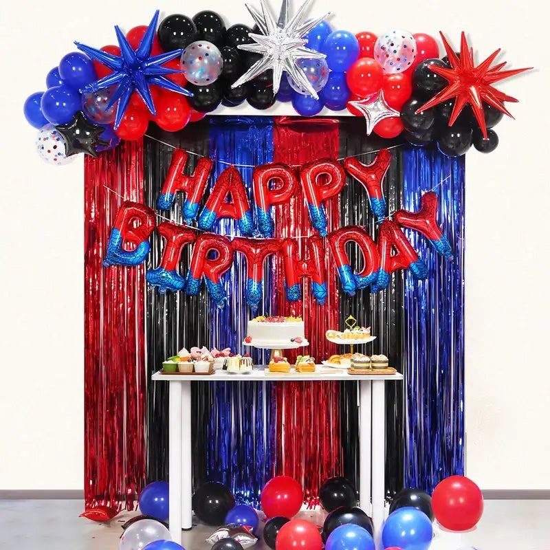 Spider Theme Birthday Banner with Red and Blue Letters for Superhero Party Decor
