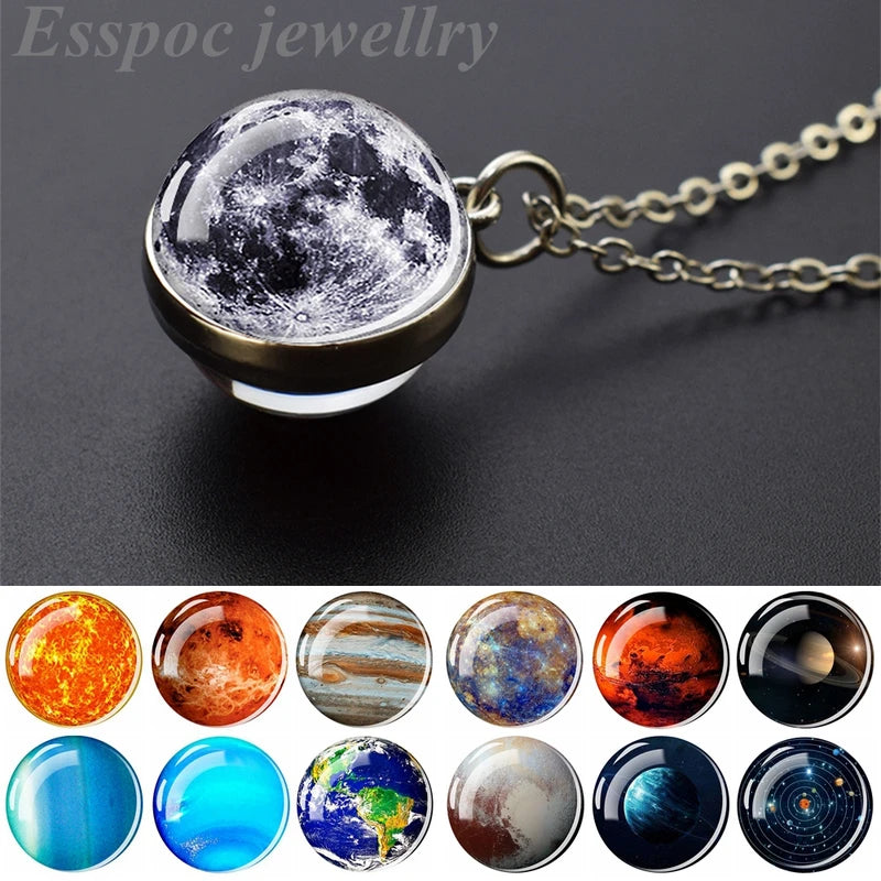 Solar System Planet Necklace with Moon Earth Jupiter Neptune Mars Venus Glass Ball Pendant Jewelry