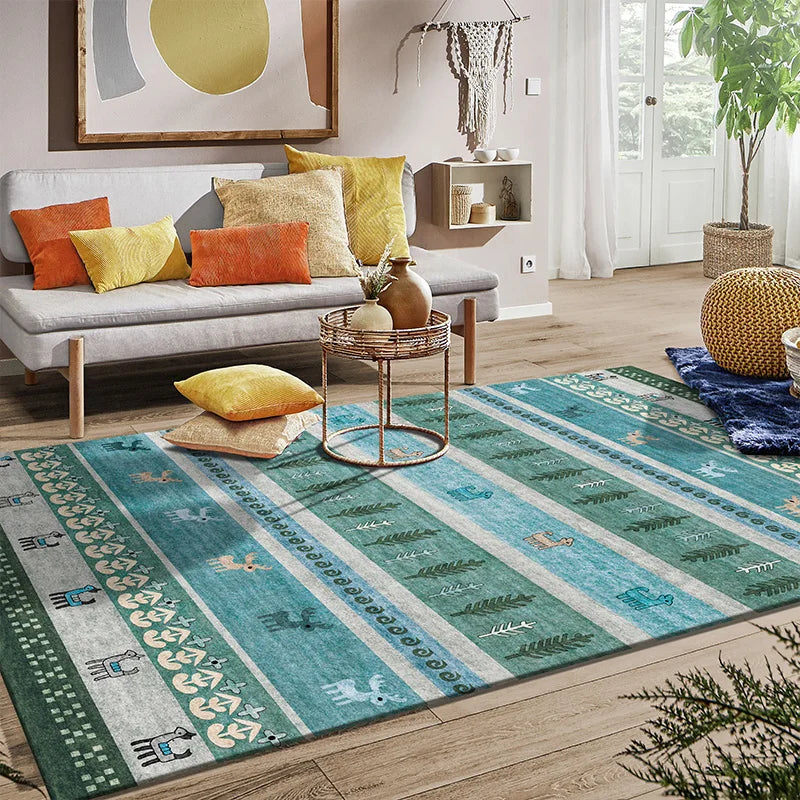 Washable Bedroom Rug with Non-Slip Floor Mat - Soft Ethnic Lounge Carpet for Living Room