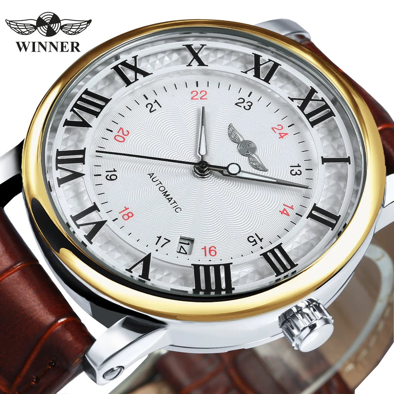 Men's Automatic Mechanical Watch with Leather Strap, Date Display, Minimalist Design