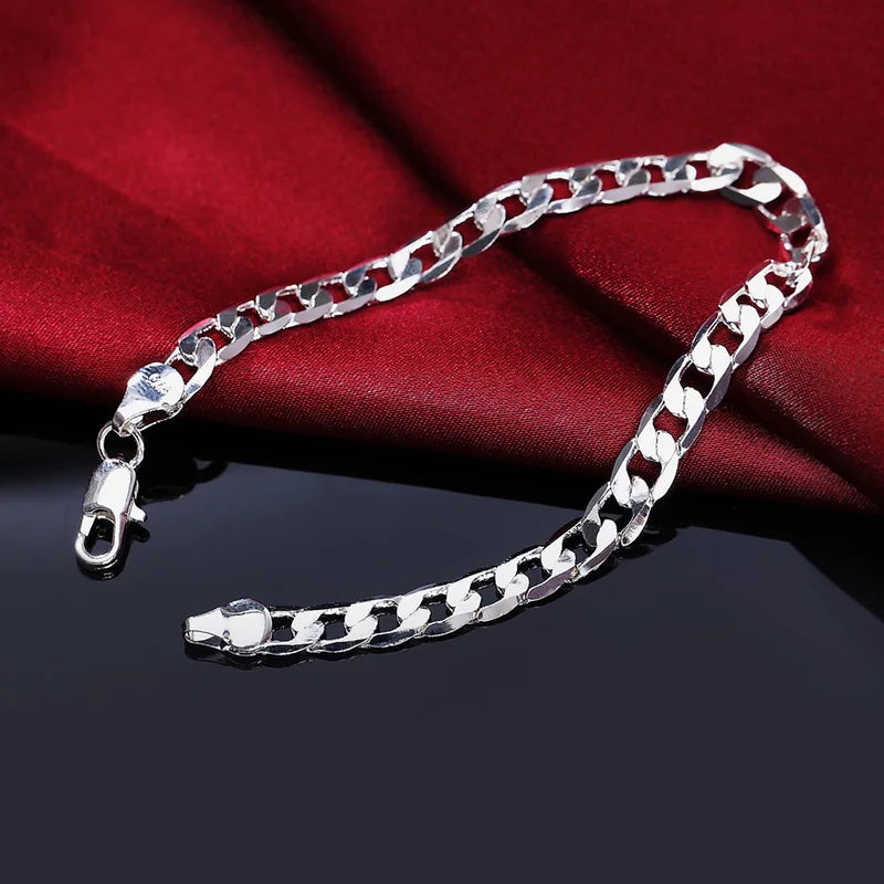 Sterling Silver 6MM Geometric Side Chain Bracelet for Men Women Jewelry Gift