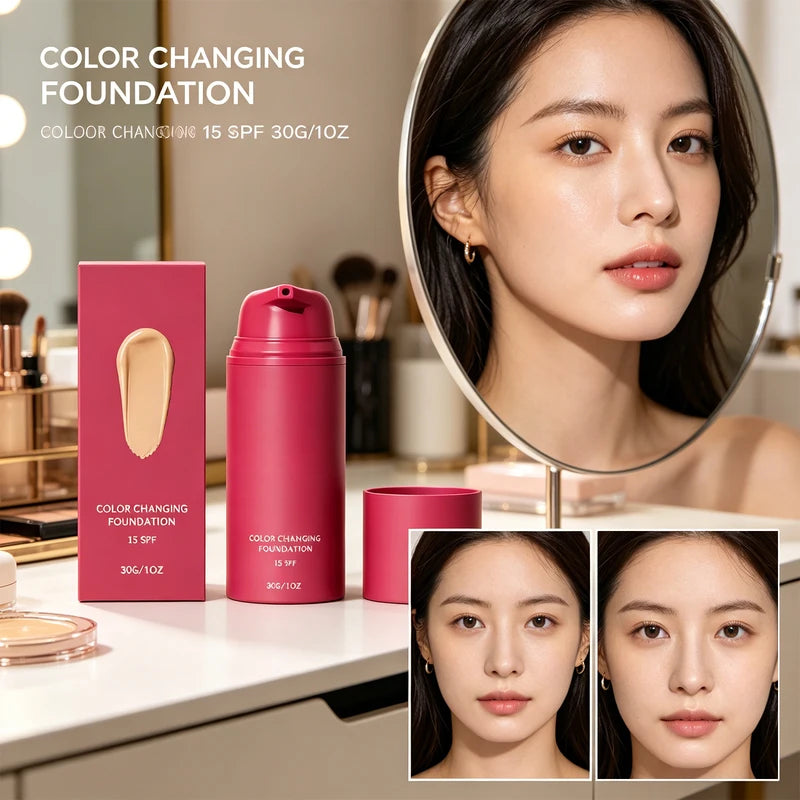Color Changing Foundation with Long-Lasting Bright Finish - 30g, Natural Skin Tone Adaptation