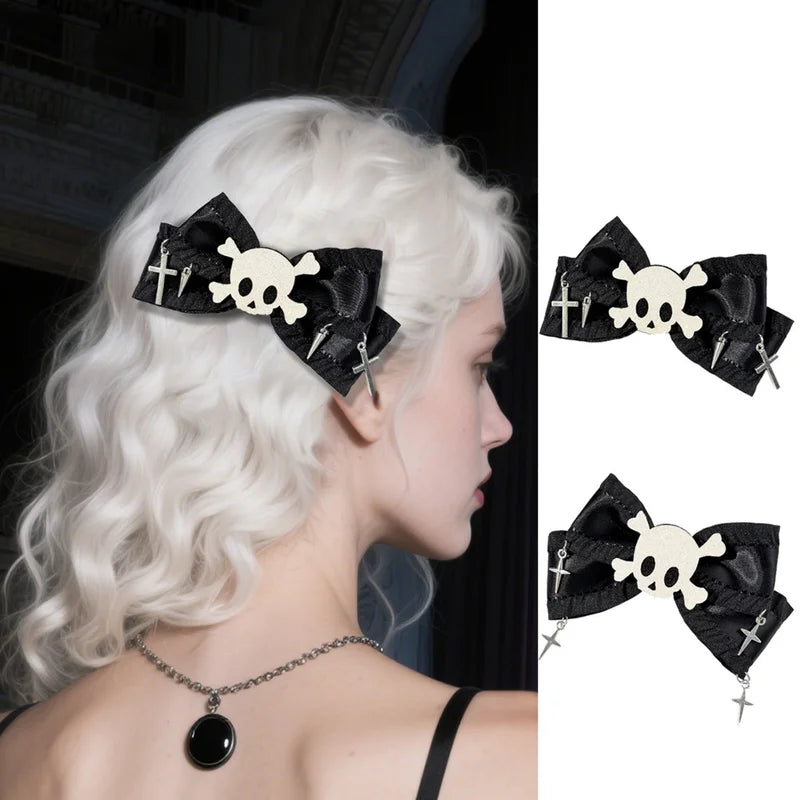 Halloween Gothic Hair Clips Set - Skull & Cross Design, Black Bow Accessories