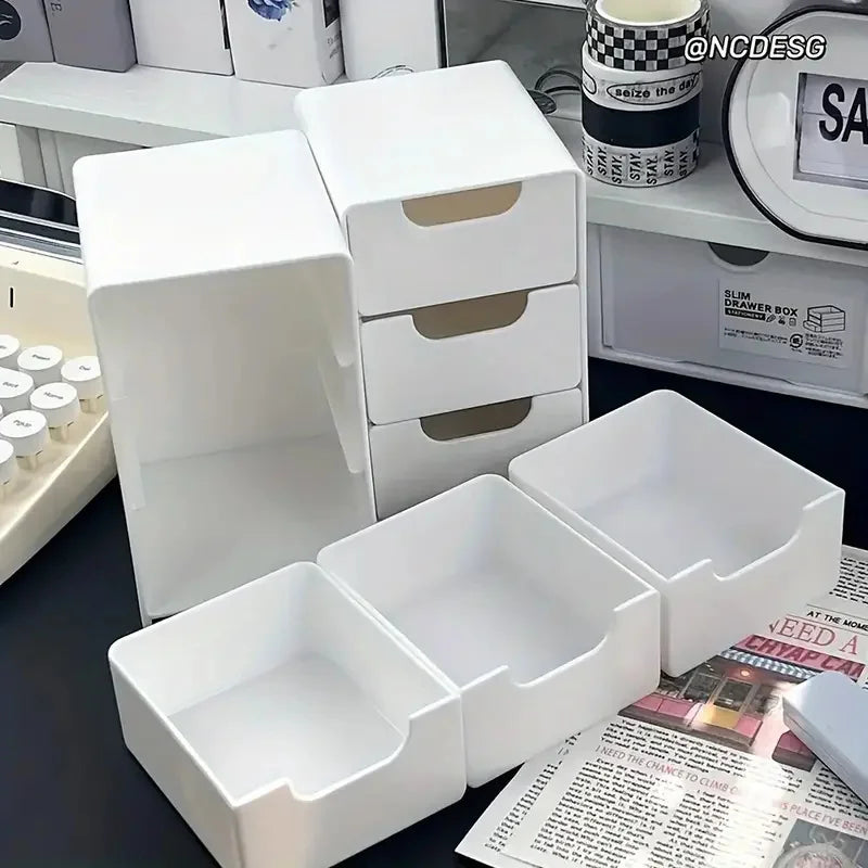 3-Tier Plastic Cosmetic Storage Box Organizer with Drawers for Jewelry & Office Supplies