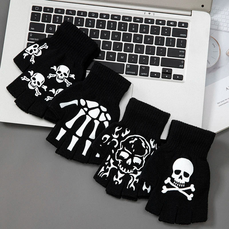 Halloween Knit Gloves with Skull Pattern for Boys & Adults - Warm Fall Winter Accessory