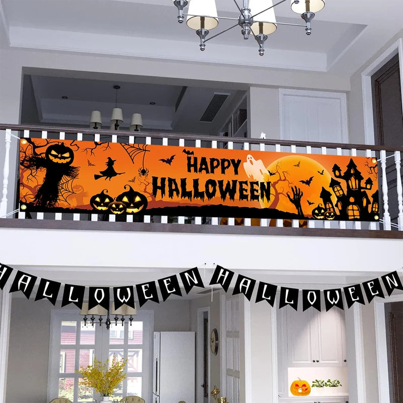 Halloween Outdoor Banner Decoration - Pumpkin & Bat Print Backdrop for Parties