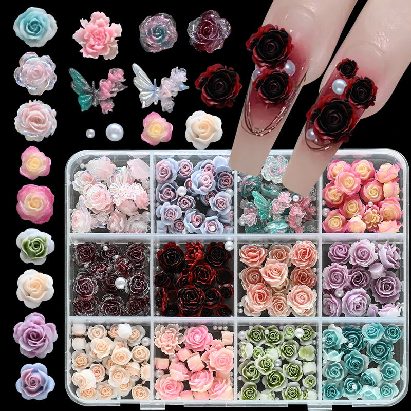 12-Grid 3D Floral Butterfly Pearl Nail Art Charms for DIY Manicure Decorations