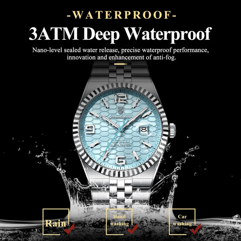 Luxury Men's Waterproof Luminous Dial Quartz Watch with Stainless Steel Band