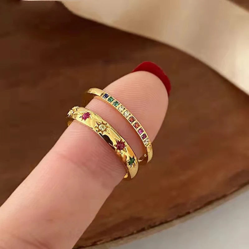 Rainbow Color Cubic Zircon Finger Rings Set - Waterproof Stainless Steel Jewelry for Women