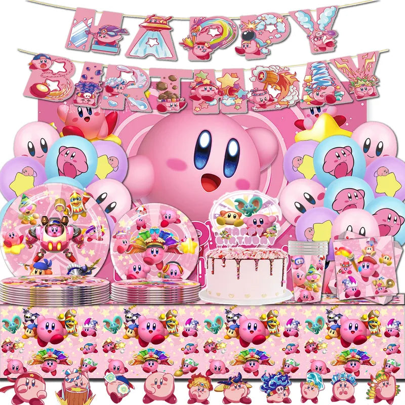 Disposable Birthday Party Cutlery and Plate Set with Banner and Balloons - Kirby Themed Celebration Supplies