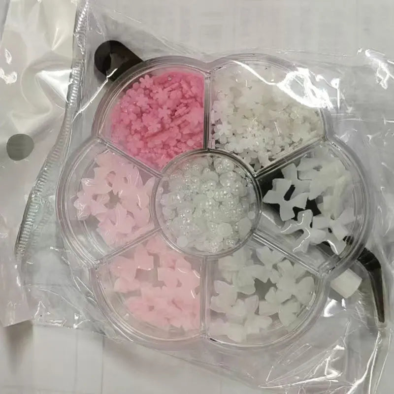 3D Flower Nail Art Decorations Kit with Beads & Floral Charms – Pink & White Acrylic Designs, Includes Wax Pen & Tweezer