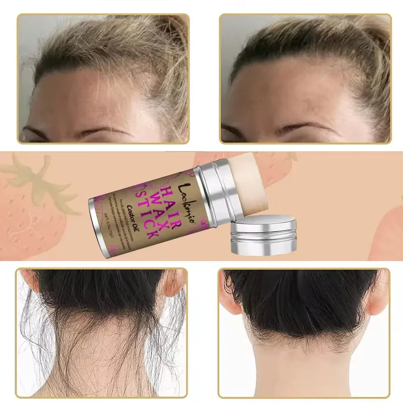 Hair Wax Stick with Castor Oil & Strawberry Scent - Tames Frizz & Flyaways, Strong Hold, Smoothing & Nourishing