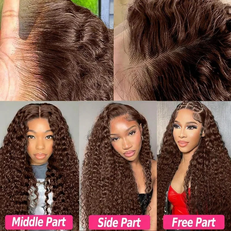 Deep Wave 13x6 Lace Front Wig Human Hair Curly Water Wave Wigs - Brown, 250% Density