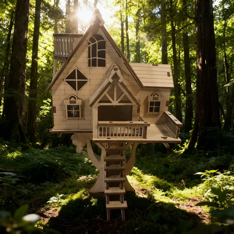 DIY Wooden Tree-Shaped House Model Kit 3D Puzzle Building Blocks Christmas & Halloween Gift
