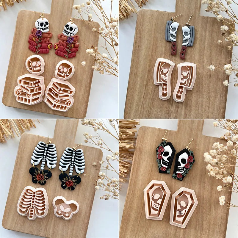 Halloween Polymer Clay Cutters Skull Coffin Cleaver Book Skeleton Bones Jewelry Making
