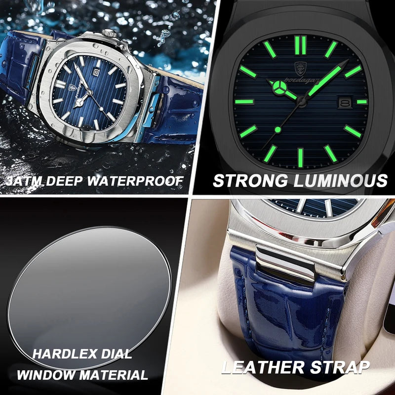 Luxury Men’s Square Waterproof Luminous Business Wristwatch with Leather Strap