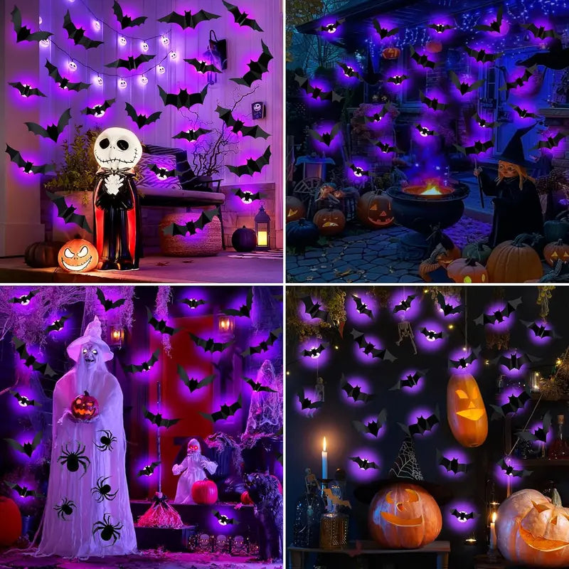 Halloween Bat and Spider Night Light Wall Sticker Set - Purple & Green 3D Decor