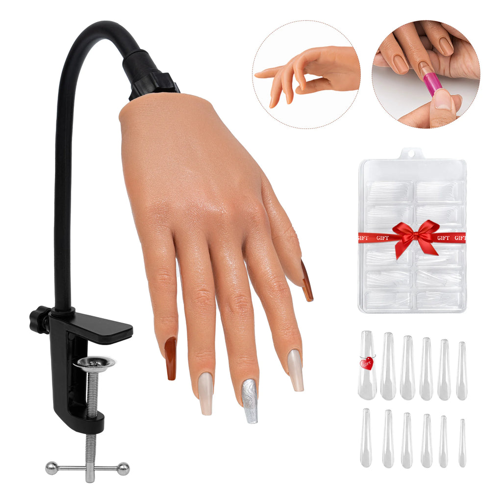 Practice Hand for Acrylic Nails - Silicone Flexible Fingers, Reusable Nail Training Tool
