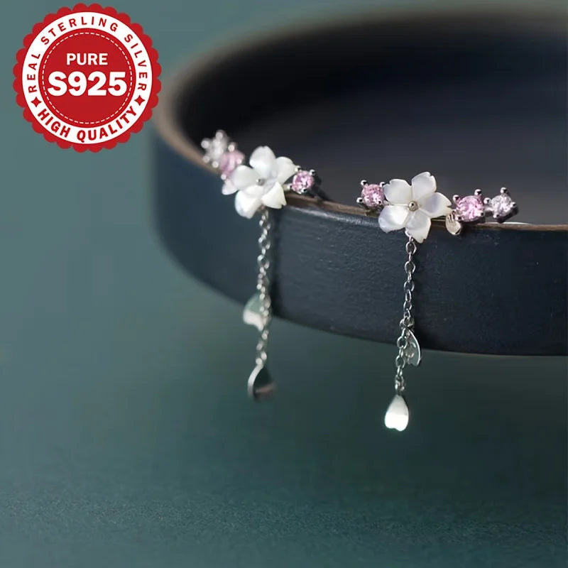 Sterling Silver Sakura Tassel Earrings - Elegant Korean Style Jewelry, Allergy-Free