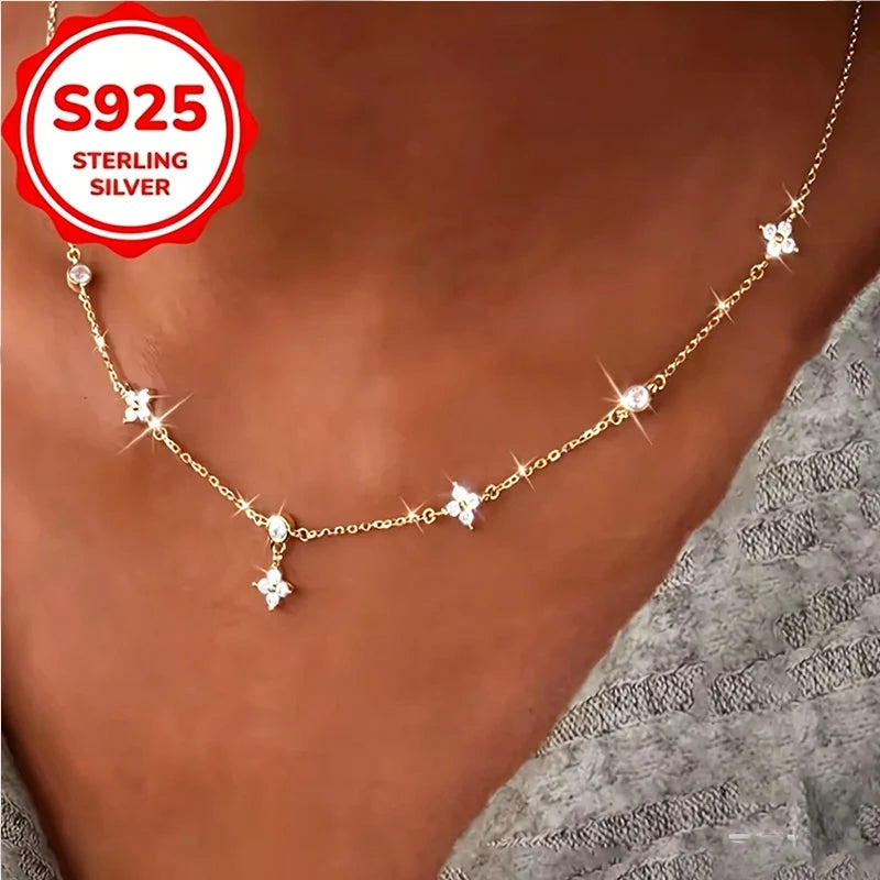 Sterling Silver Clover CZ Choker Necklace 14K Gold Plated Dainty Chain