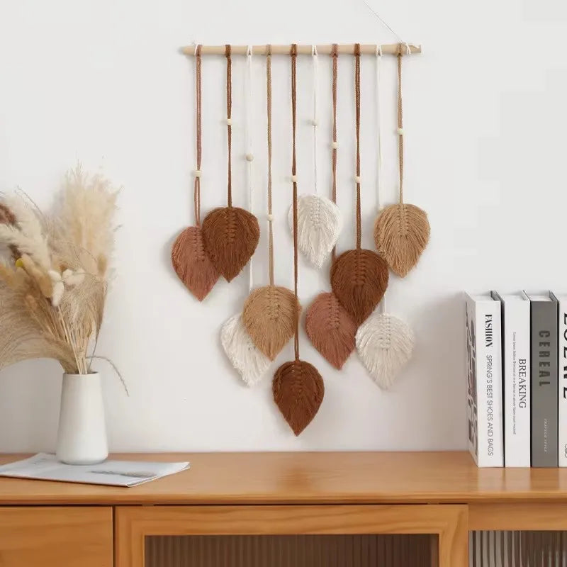 Handmade Woven Leaf Macrame Wall Hanging Bohemian Cotton Rope Decor for Bedroom & Living Room