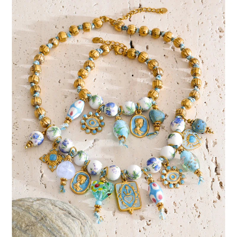 Vintage Jewelry Set with Beads Chain Ceramic Heart and Eye Drop Charm